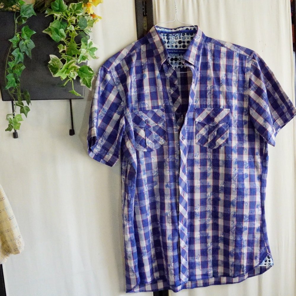 GEORGE ROTH Blue Plaid Button Down Shirt Cotton S